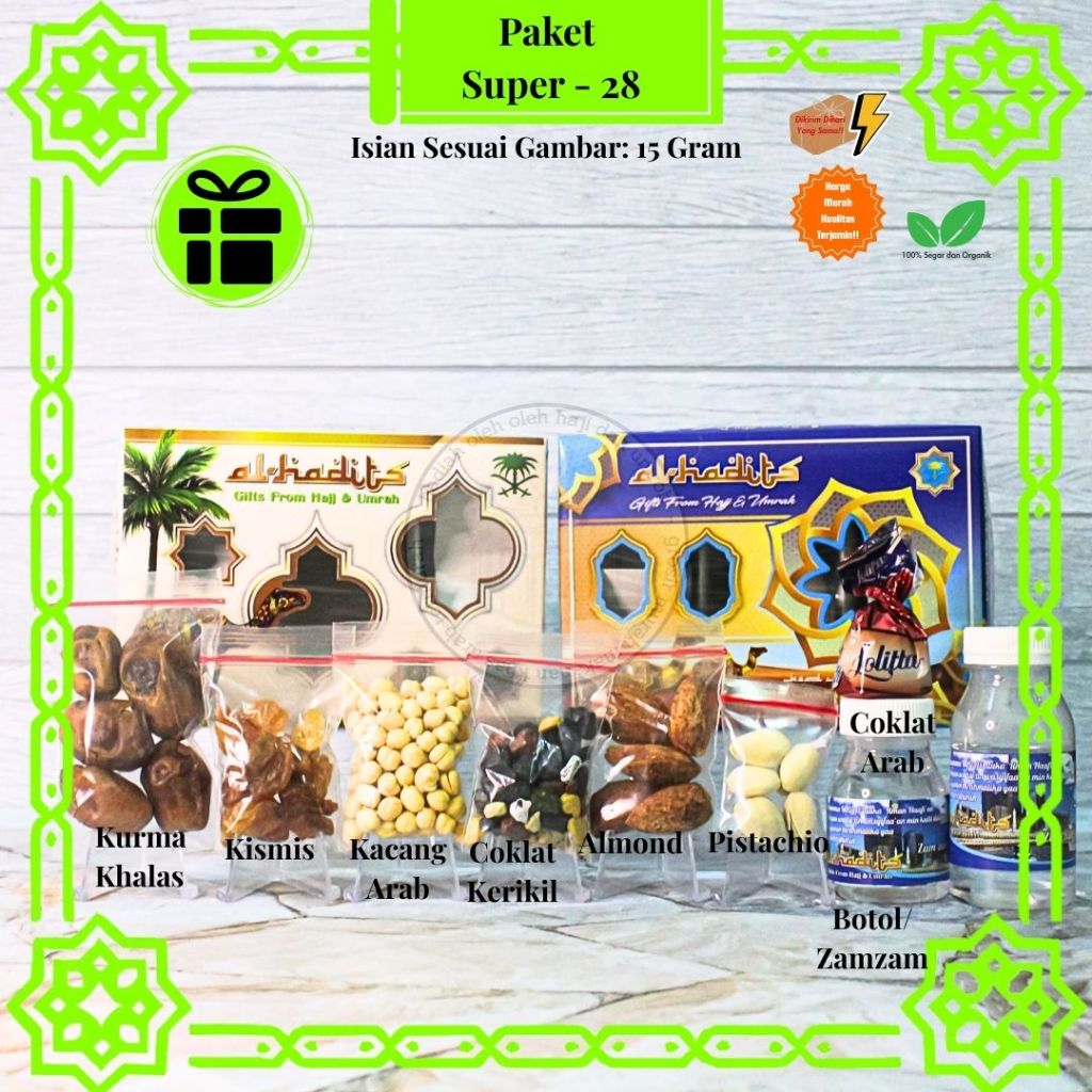 

Paket Oleh Oleh Haji dan Umroh Premium isi 15gr + Tasbih + Kacang Arab + Air zamzam / Botol Kosong