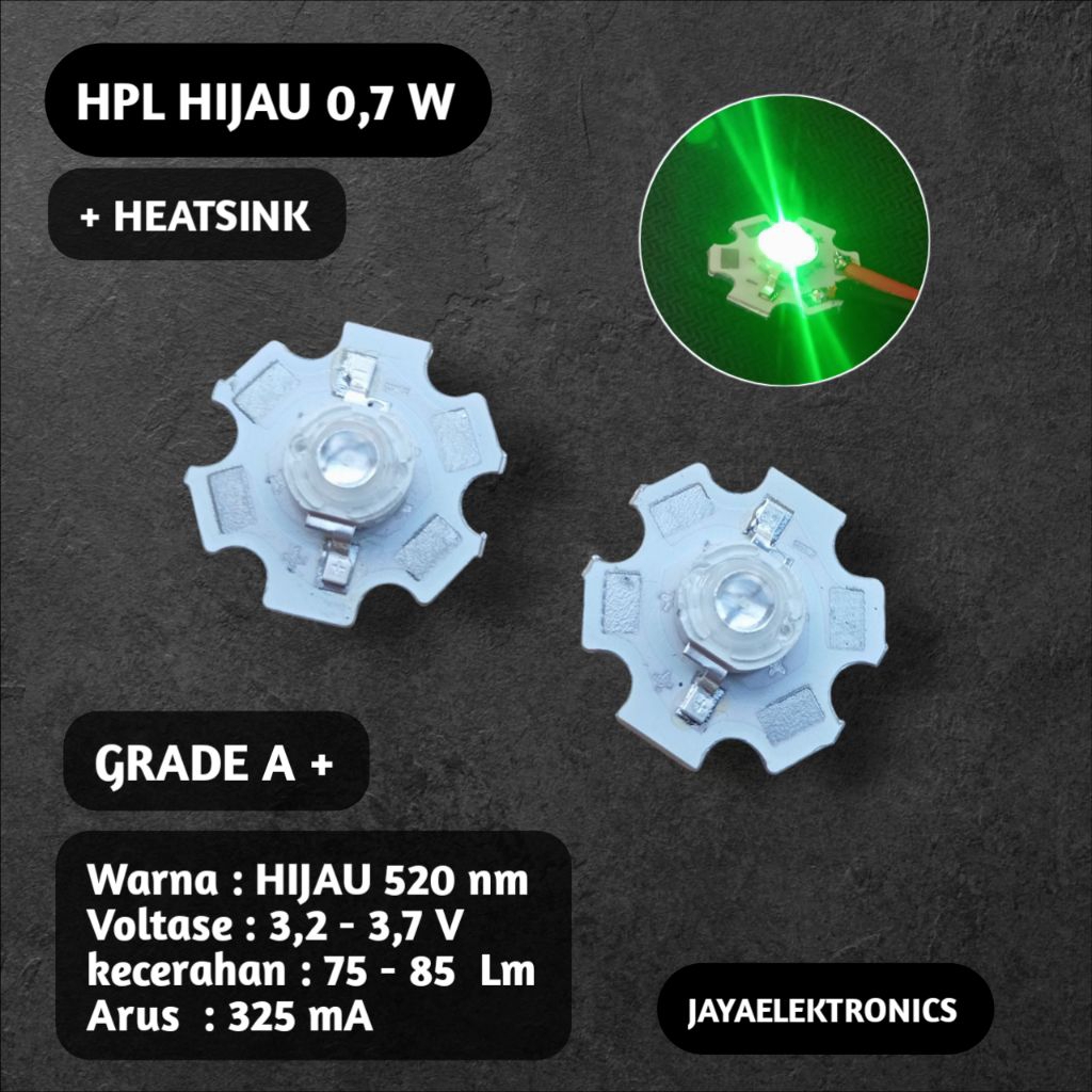 LED HPL 0,7 W + HEATSINK warna HIJAU per 1 Pcs -Lampu senter HPL 0,7 W, lampu aquarium, custom, hias