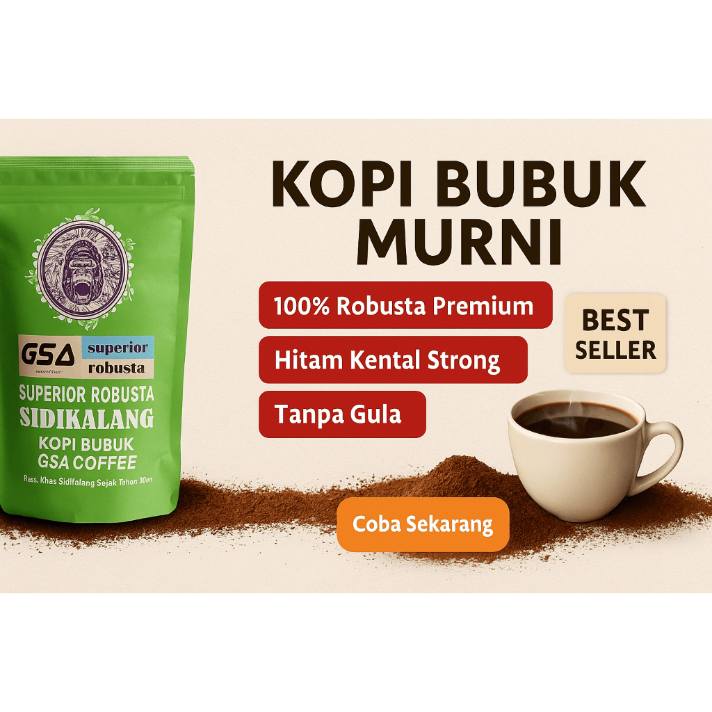 

Kopi Robusta Sidikalang 1Kg – Rasa Kuat, Bubuk Halus Tanpa Campuran, Harga Terjangkau Aroma Harum