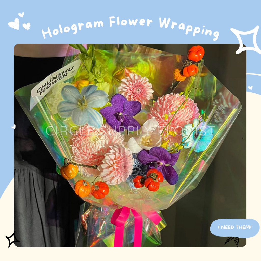 

[5 LEMBAR] HOLOGRAM FLOWER WRAPPING PAPER 56x56 CM Cellophane Plastik OPP Rainbow Colorfull