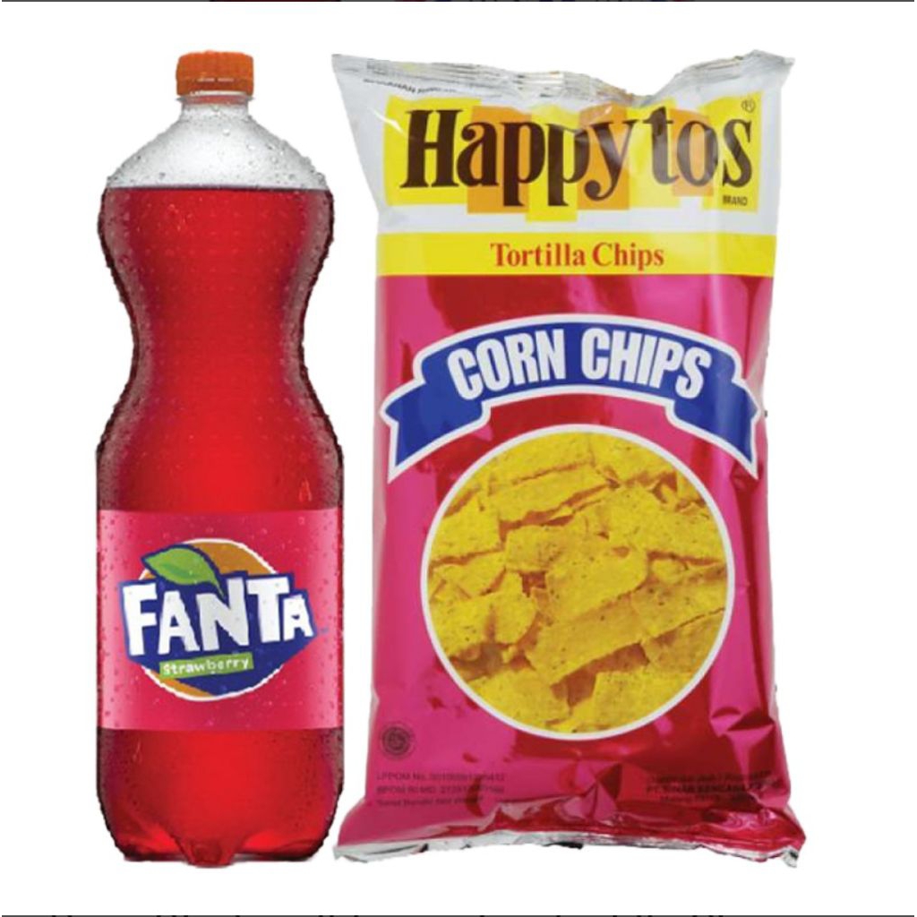 

Paket Fanta Stawberry Minuman Soda Rasa Stawberry & Happy Tos Tortilla Chips Merah