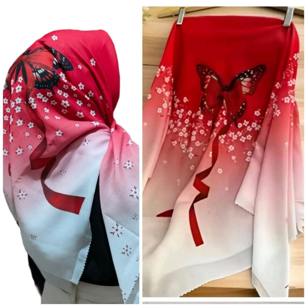 Hijab Segi Empat Motif MERAH PUTIH KUPU-KUPU/Kerudung Voal Premium/Jilbab Voal Motip segi4 lasercut