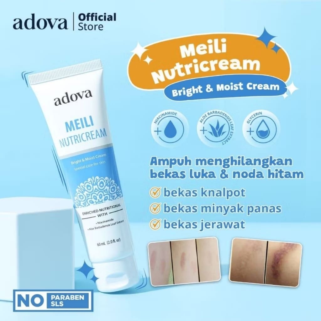 ADOVA Meili Nutricream Krim Bekas Luka, Bekas Jerawat Penghilang Koreng + Aman untuk Wajah & Badan P