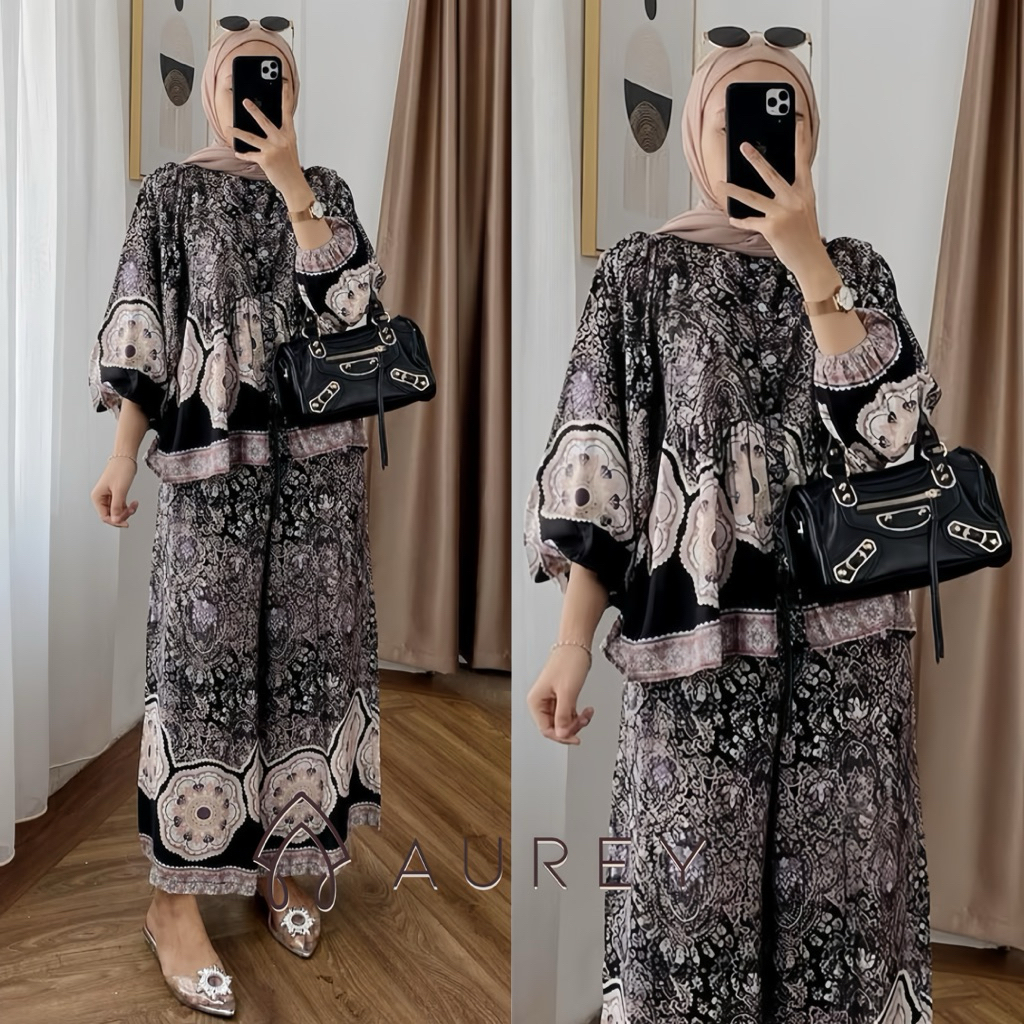 Aurey - set tunik susun wanita monica oneset tunik ruffle rayon jumbo setelan celana crinkle wanita 