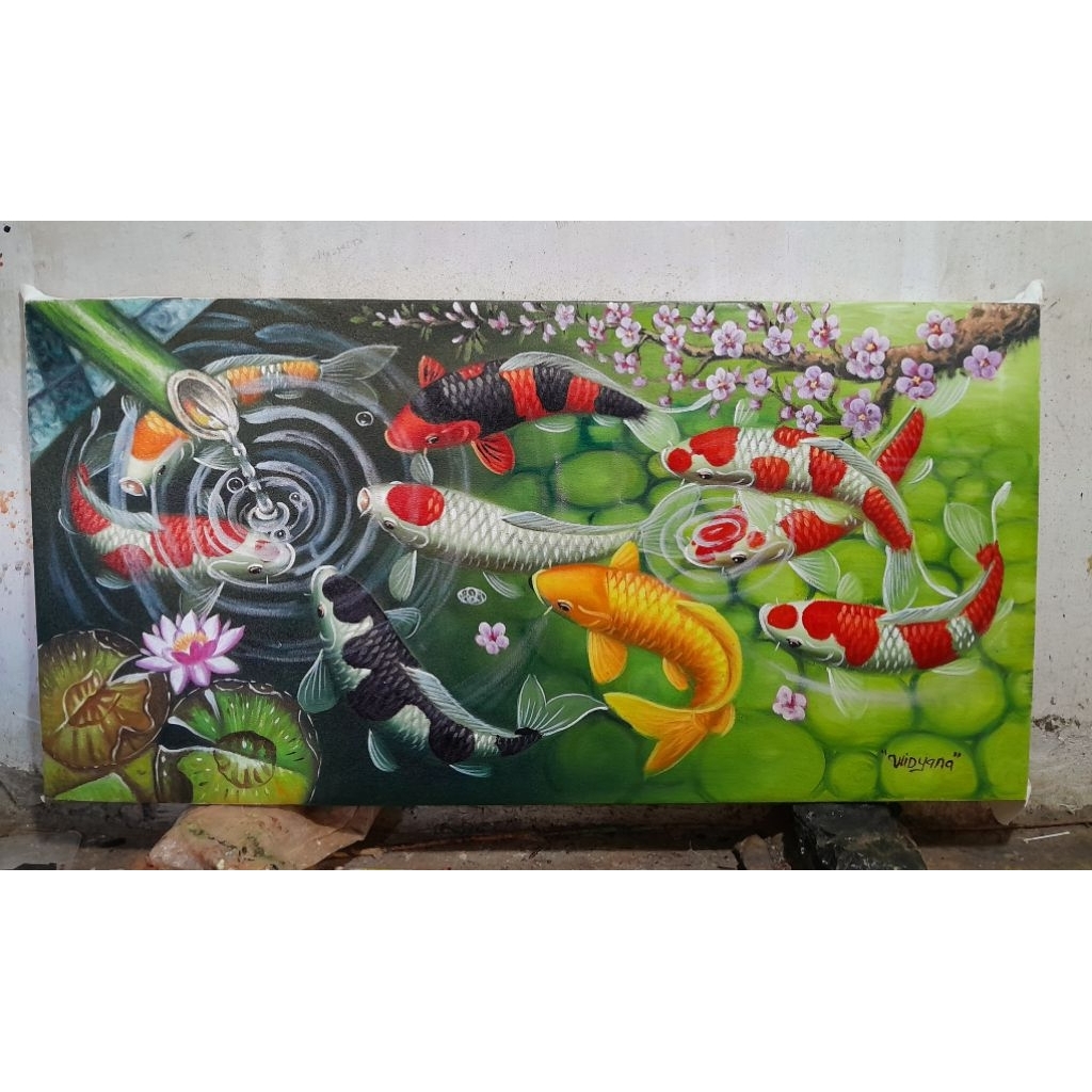 lukisan ikan koi hoki asli buatan tangan no print..ukuran lukisan 120x60cm +lukisan banteng ukuran 6