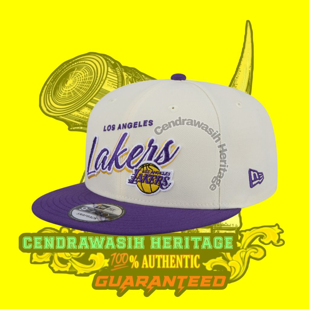 New Era 9Fifty Los Angeles Lakers Two Tone Script Beige Purple Snapback Cap Original