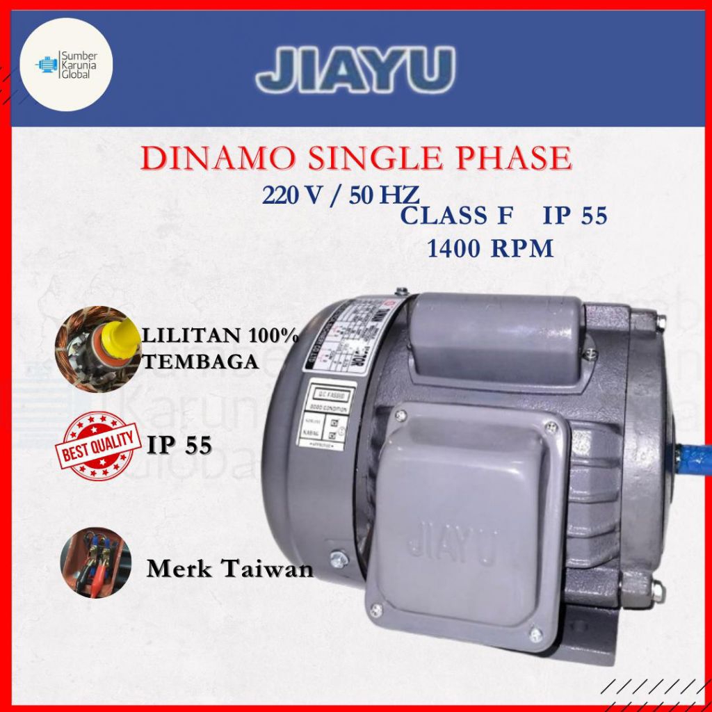 JIAYU DINAMO LISTRIK 1 PHASE 2HP 1400 RPM & 2800 RPM MADE IN TAIWAN KUALITAS TERBAIK ORIGINAL 100%