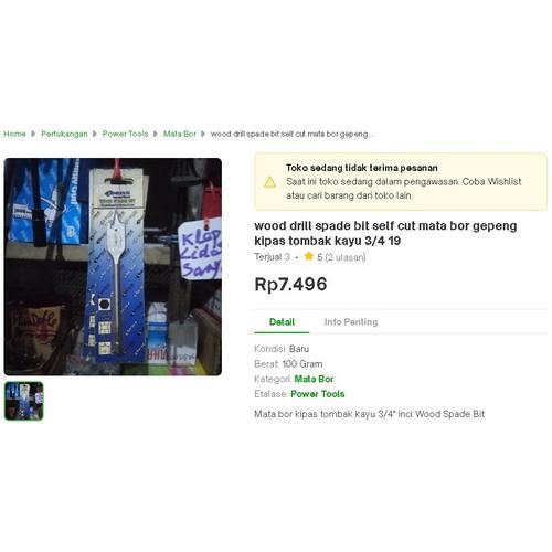 

wood drill spade bit self cut mata bor gepeng kipas tombak kayu 3/4 19