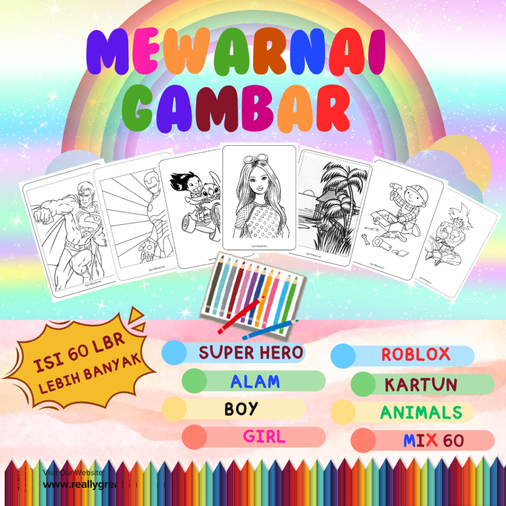 

60 Lembar Kertas Mewarnai Anak Edukatif Banyak Tema Super Hero - Boy - Girl - Alam - Kartun - Animals - Mix - Super Hero