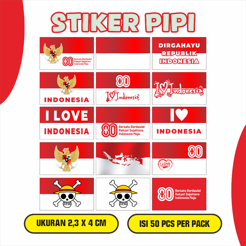 

STICKER PIPI STIKER BENDERA MERAH PUTIH STIKER ONE PIECE AGUSTUSAN RANDOM TERMURAH 1 PAKET 50PCS