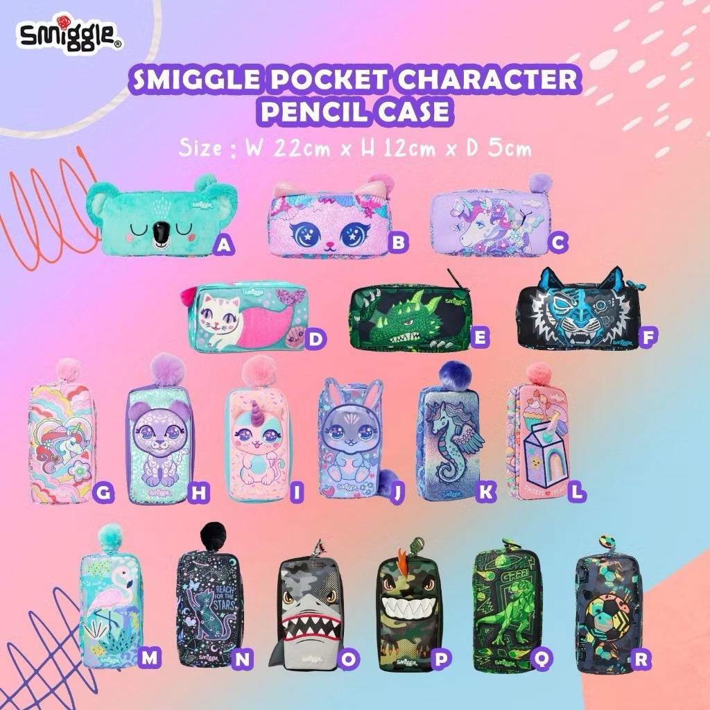 

smiggle pocket character pencil case tempat kotak pensil anak