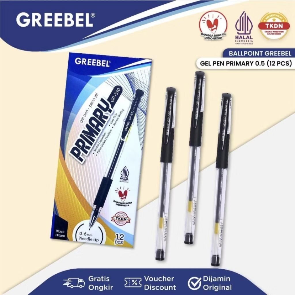

GREEBEL GEL PEN GP-510 BLACK PRIMARY 0.5 / Ballpoin / Pulpen Gel Greebel (1 pack 12 pcs)
