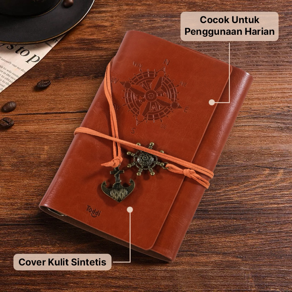 

PHANTACI Buku Catatan Binder Kulit Retro Compass Kertas A5 Brown OMOT8O
