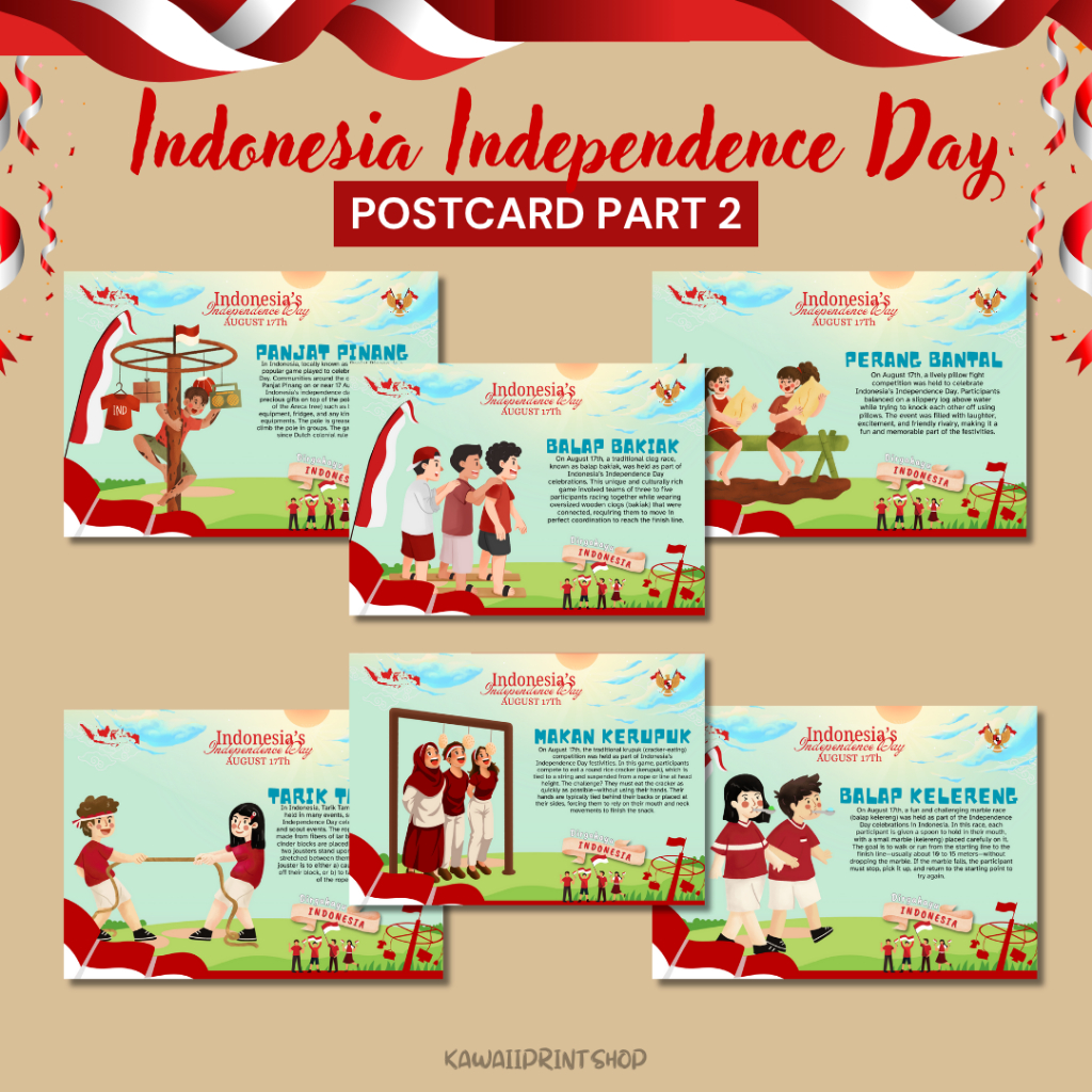

Kartu Pos Lomba 17 Agustus | Kartupos Perlombaan 17 Agustus 1945 | Indonesian Independence Day Postcard Part 2 | Kartupos Panjat Pinang Tarik Tambang Makan Kerupuk