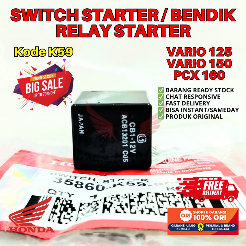 K59 SWITCH STARTER VARIO 125 ORIGINAL AHM HONDA, BENDIK ORIGINAL VARIO 150, RELAY STARTER PCX 160, S