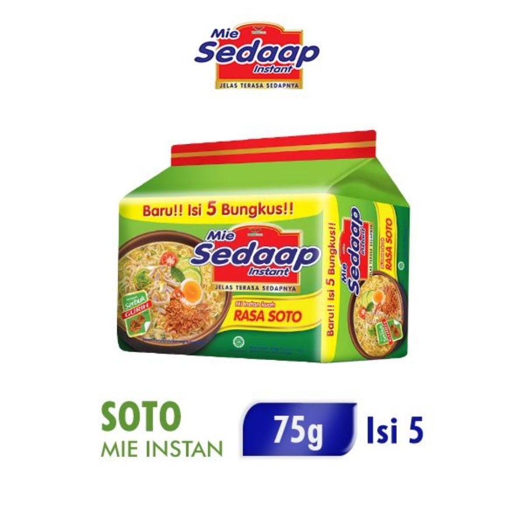 

MIE SEDAAP RASA SOTO MIE INSTAN 1 PACK ISI 5 BUNGKUS 75 GRAM