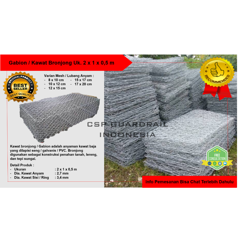 KAWAT BRONJONG GALVANIS 2 x 1 x 0.5 M,DIA KAWAT 2.7 MM BERKUALITAS
