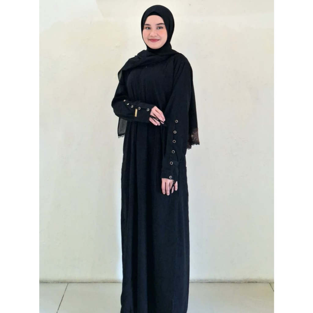 Abaya Hitam Polos Aplikasi Jannata Kancing Gamis Wanita Dress Arab