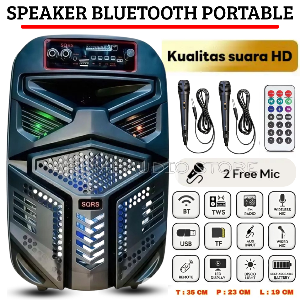Speaker Bluetooth Karaoke Super Bass Free 2 Microphone Sqrs-888 Max | Speaker Bluetooth 9" Portable 