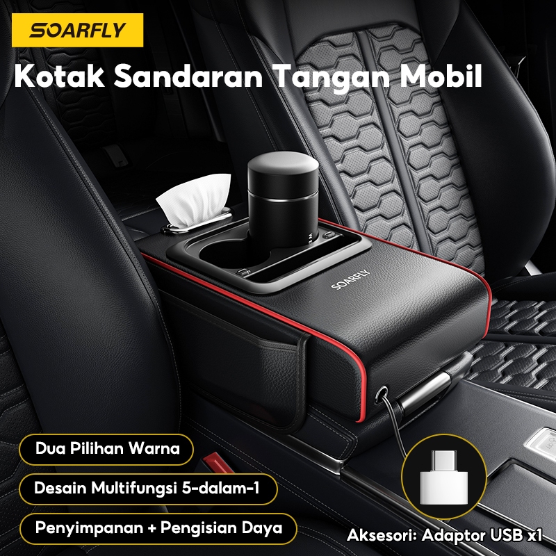 SOARFLY USB Charging Armrest Pad Mobil Multifungsi Kotak Tisu Mobil Tempat Botol 4 In 1 Pelindung Sa