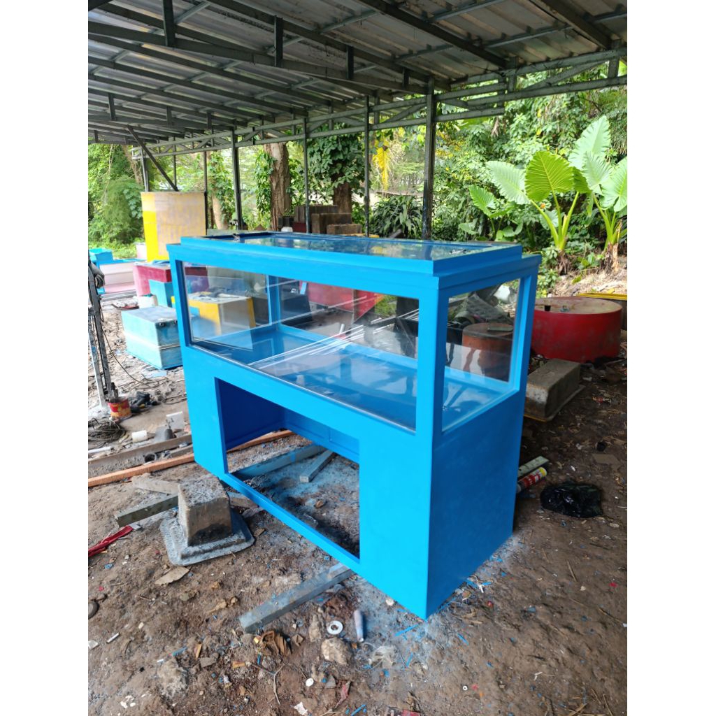 Aquarium fiber UK 150x60x95 cm dengan kaca 4 sisi + kabinet dan sump filter+ tutup kolam fiberglass