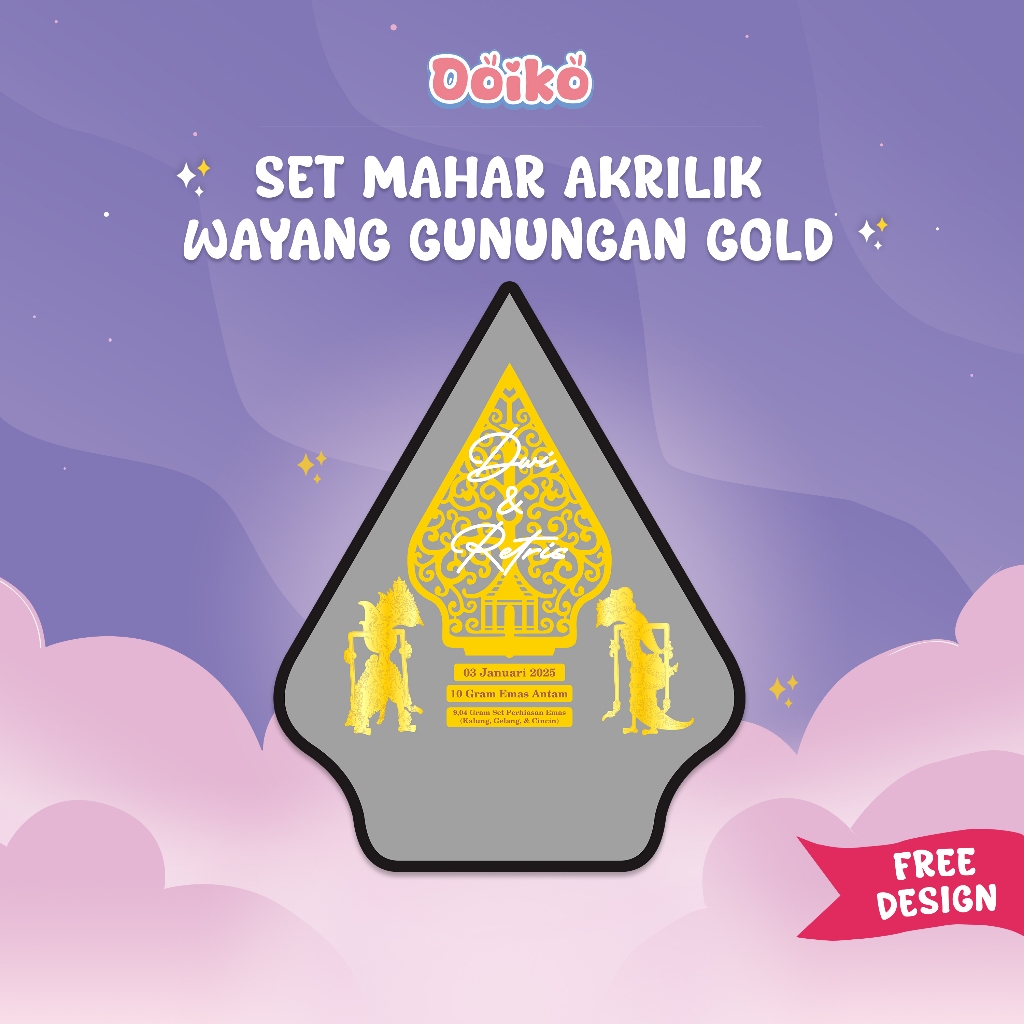 Ooiko Satu Set Mahar Wayang Gunungan Full Akrilik Gold Emas Bahan Dekorasi Mahar Pernikahan