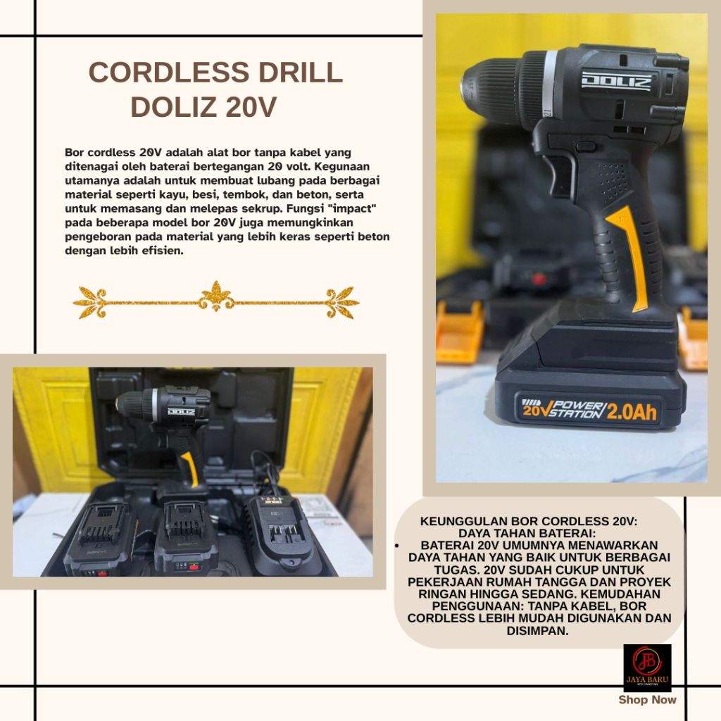 DOLIZ MESIN BOR BATRAI / BOR TANGAN CORDLESS DRILL 20V TANPA KABEL