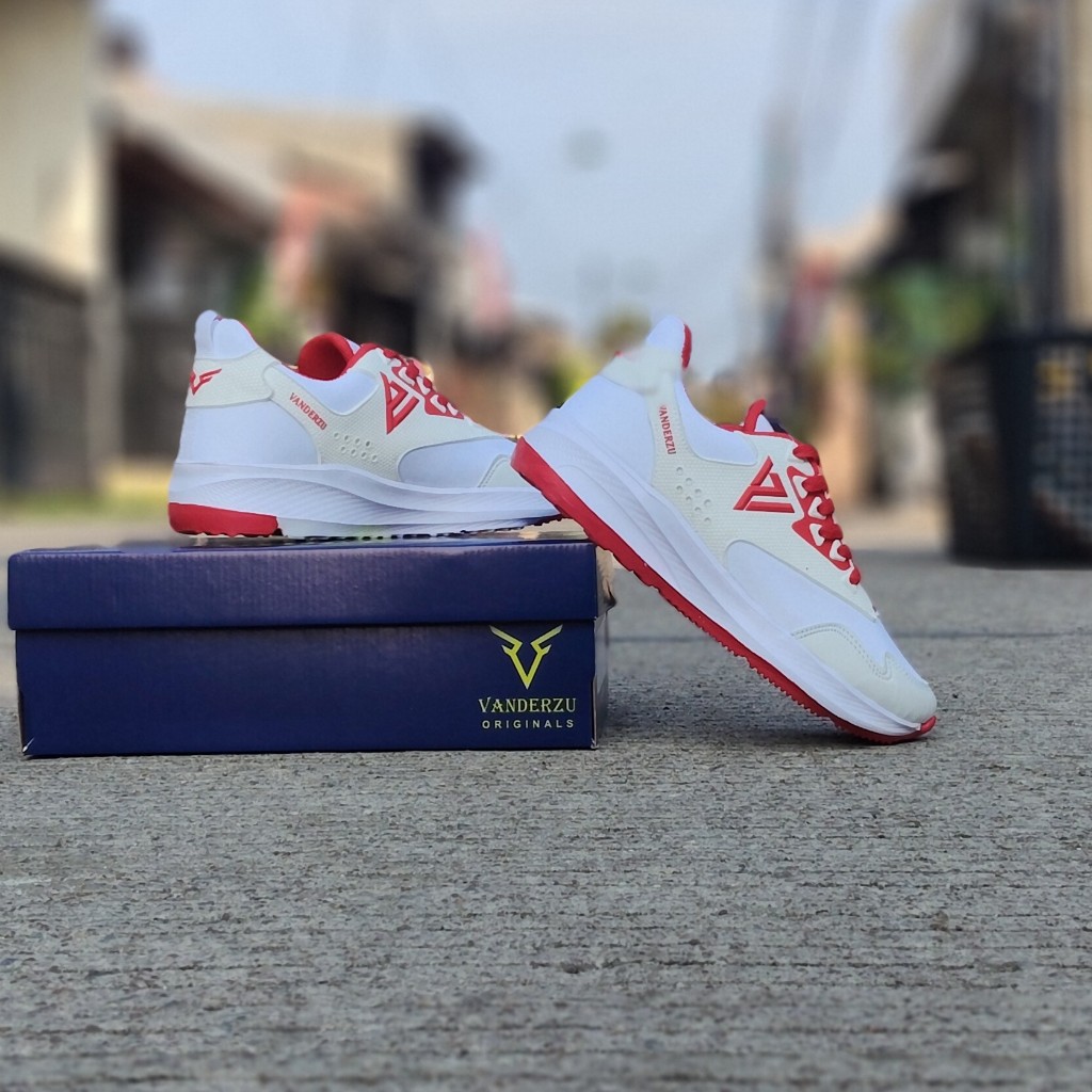 Sepatu Running Sneaker Olahraga Pria Wanita  Vanderzu FR 302 Putih Lis Merah