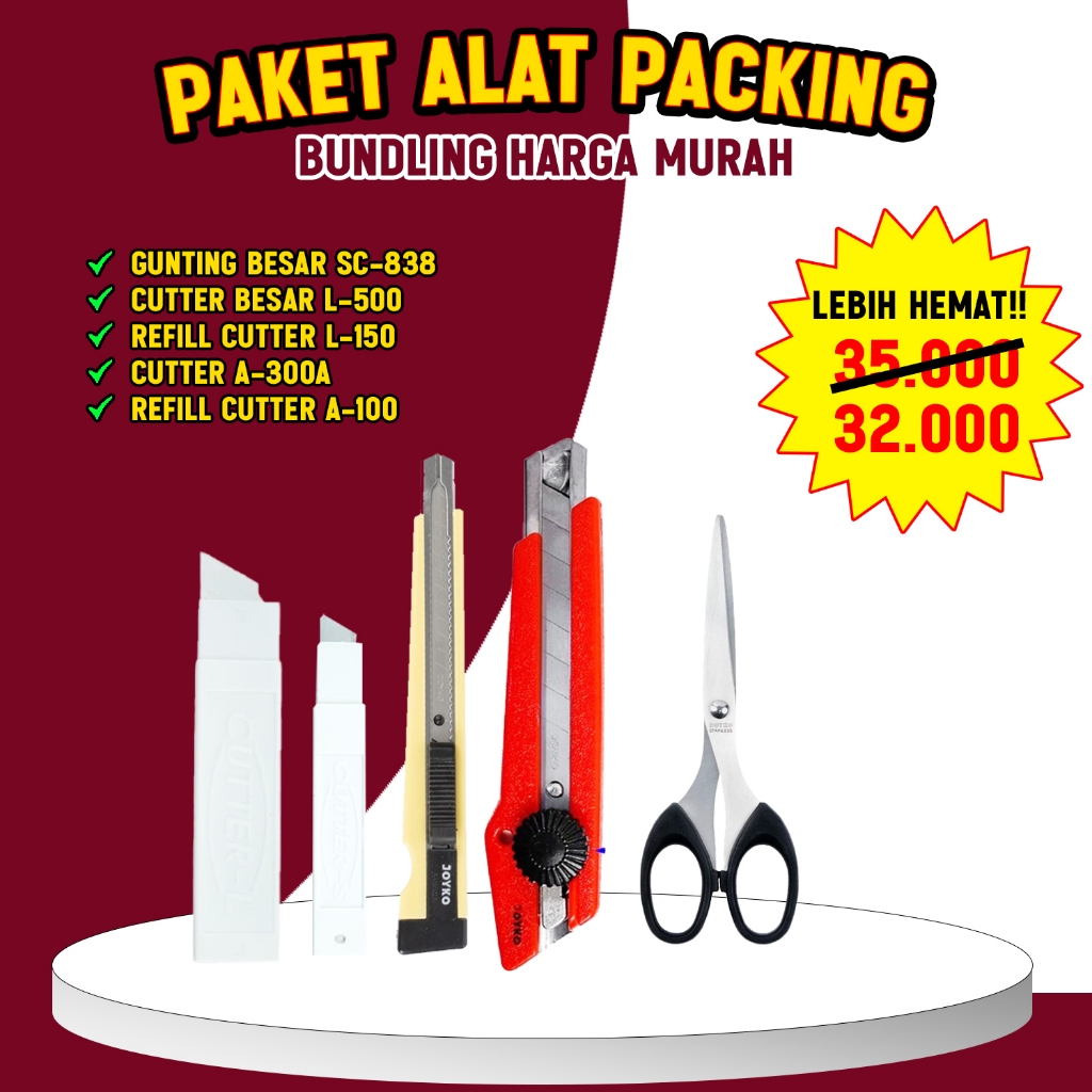 

Paket Bundling Alat Packing / Paket Hemat Cutter Gunting Lakban