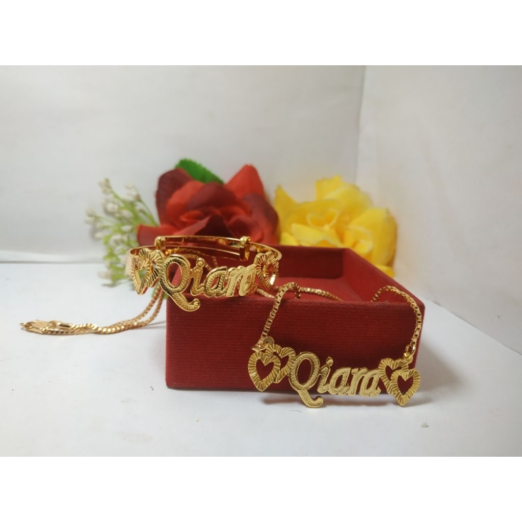 1 Set Kalung Nama & Gelang Bangle Love Aksesoris Nama Anak/Dewasa Gold