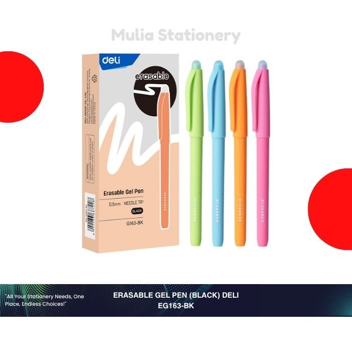 

(1 Kotak isi 12 pcs) Erasable Gel Pen EG163‑BK Deli (Black Ink) | Erasable Gel Pen Deli 0.5 mm | Pena Sekolah | Alat Tulis Sekolah
