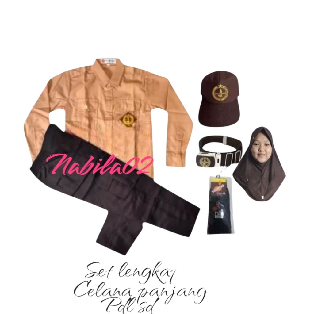set lengkap baju pramuka tangan pegelangan panjang celana pramuka pdl sd anak perempuan