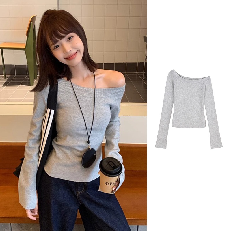 Kaos Wanita Lengan Panjang Model Off Shoulder Elastis Abu-abu Cewek Seksi
