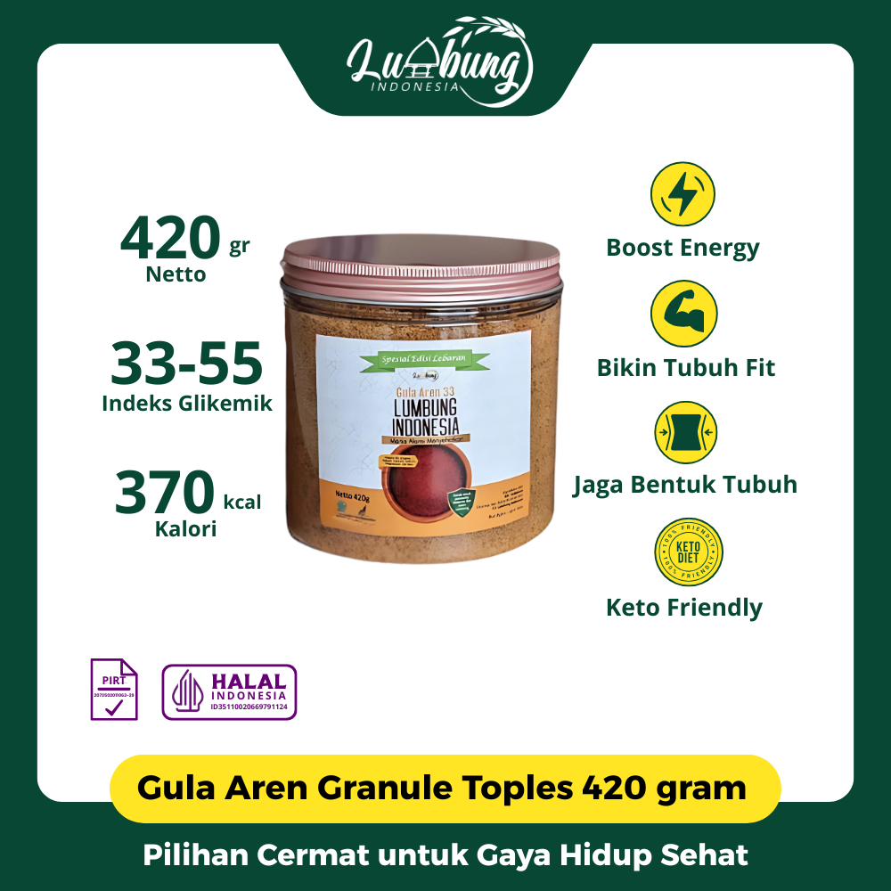 

Lumbung Indonesia Gula Aren 33 Bubuk Semut 420g - Premium Palm Sugar Asli Organik, Praktis Toples