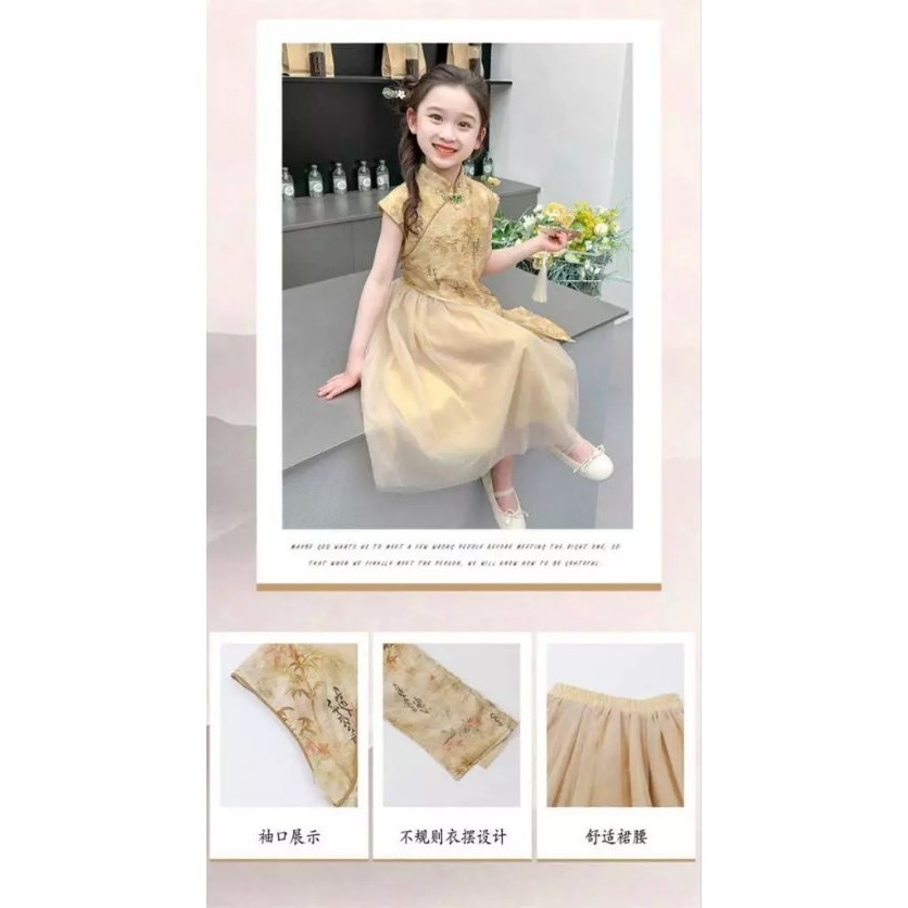 PRELOVED BEKAS BRAND NEW Cheongsam Gold Anak Perempuan Setelan Rok Imlek CNY Qibao BAJU ANAK ORIENTA