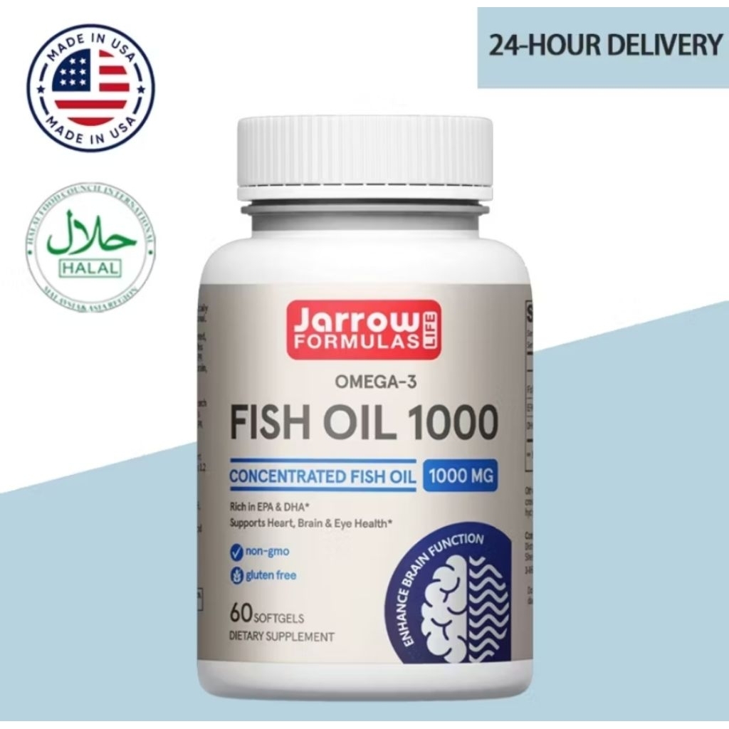 Jarrow Formulas Fish Oil 1000mg – Omega-3 EPA & DHA, Suplemen Kesehatan Otak, Jantung & Mata – 60 So