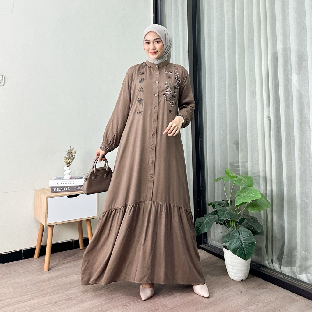 Moza Maxi Dress Muslim Wanita Bordir Gamis Rayon Premium Busui Full Kancing