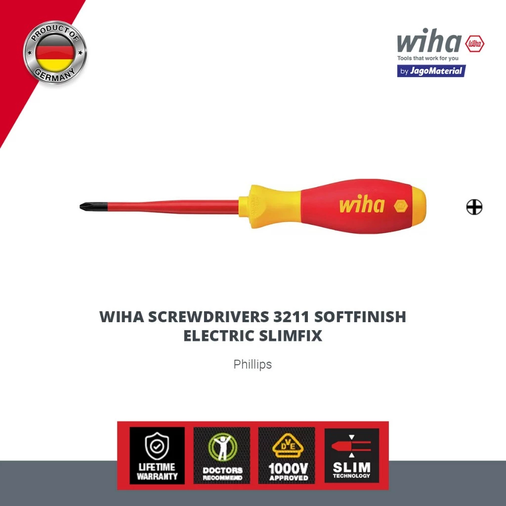 Wiha Insulated Screwdriver 3211 SoftFinish® Electric Slimfix - Obeng Plus Insulasi