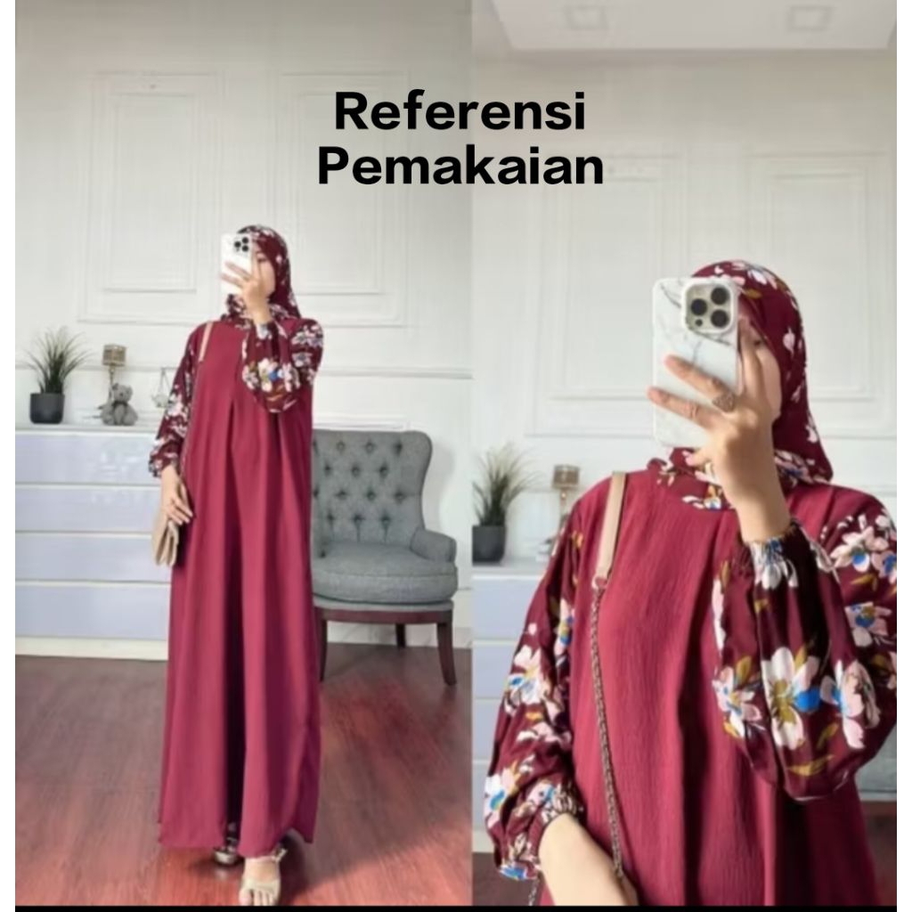 Gamis Set Hijab Rayon Motif Kombinasi CrinklePremium Baju Gamis Set Hijab Muslim Untuk Kondangan