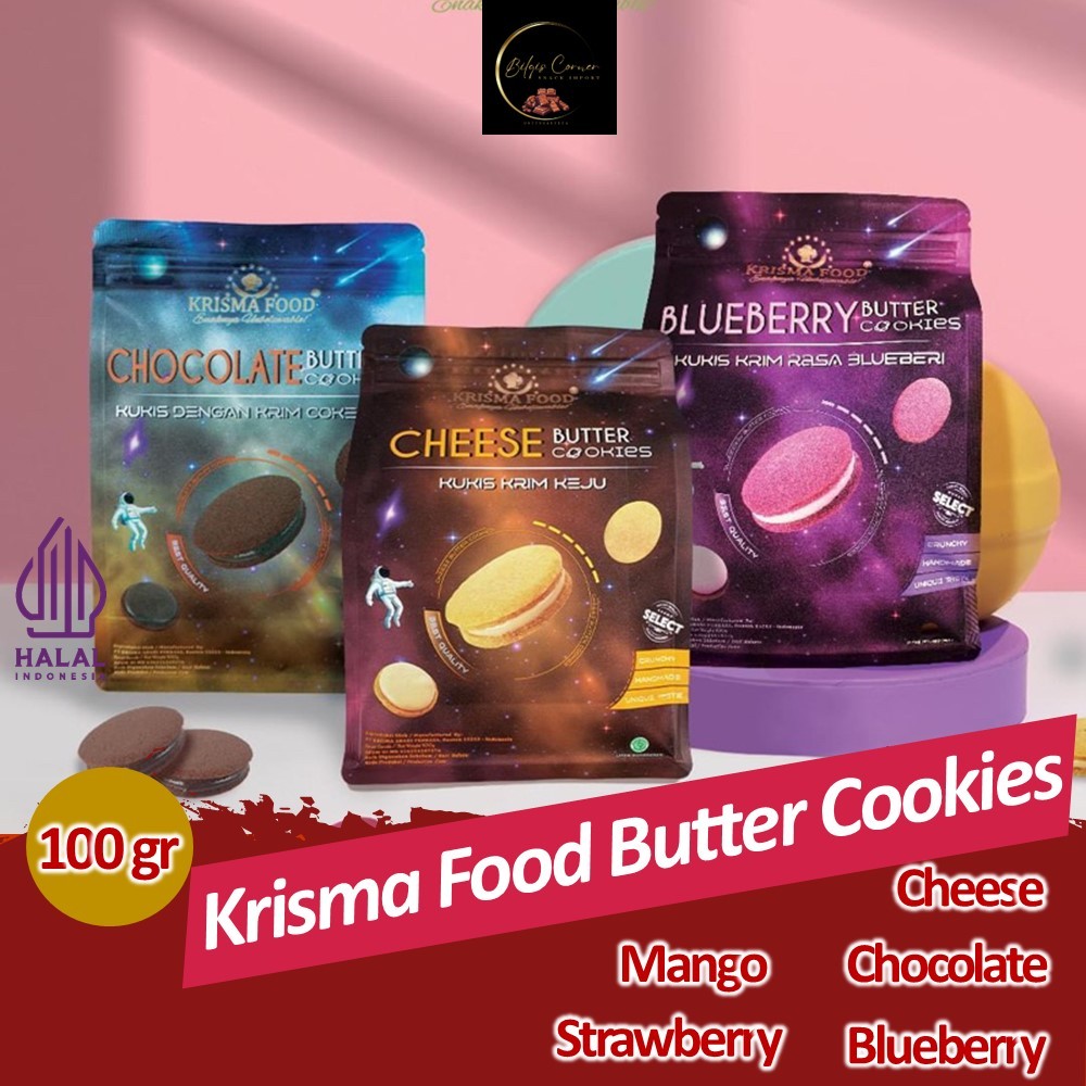 

Krisma Food Butter Cookies Rasa Strawberry Blueberry Mango Chocolate and Cheese Cookies 100 Gram