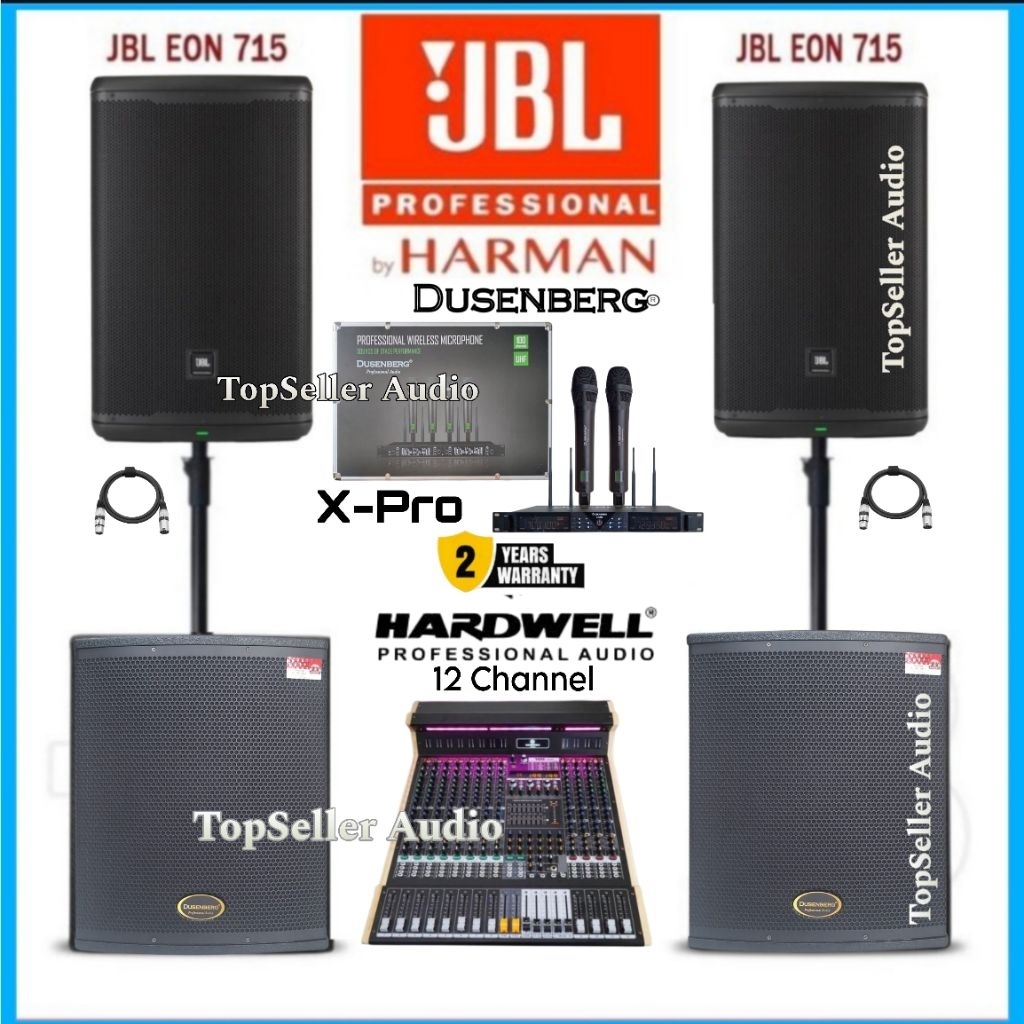 Paket Sound System Outdoor & Ruangan Aula Speaker Aktif JBL EON715 2 Subwoofer Aktif DusenBerg dB15 