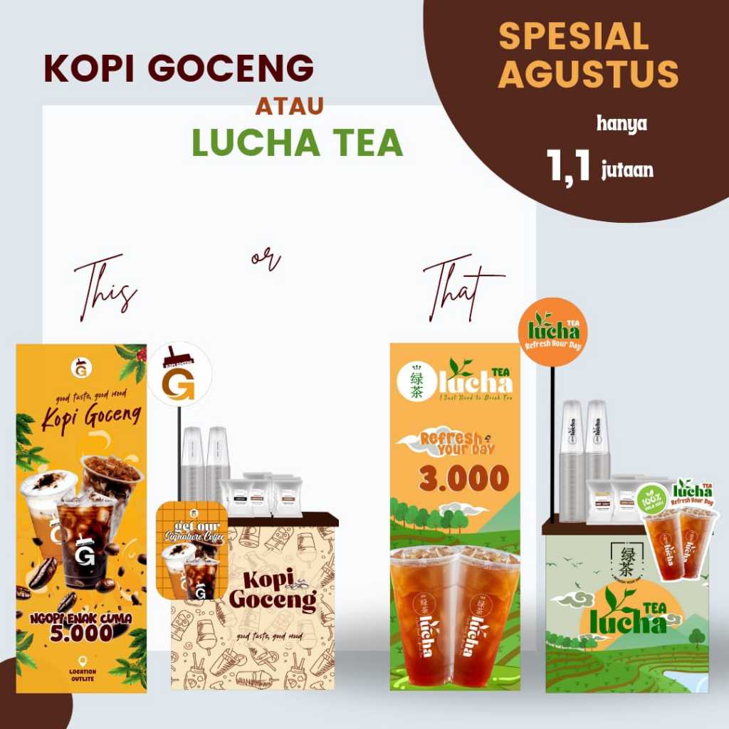 

PROMO KHUSUS AGUSTUSAN PAKET USAHA KOPI GOCENG & LUCHA TEA, PAKET STANDART BOOTH
