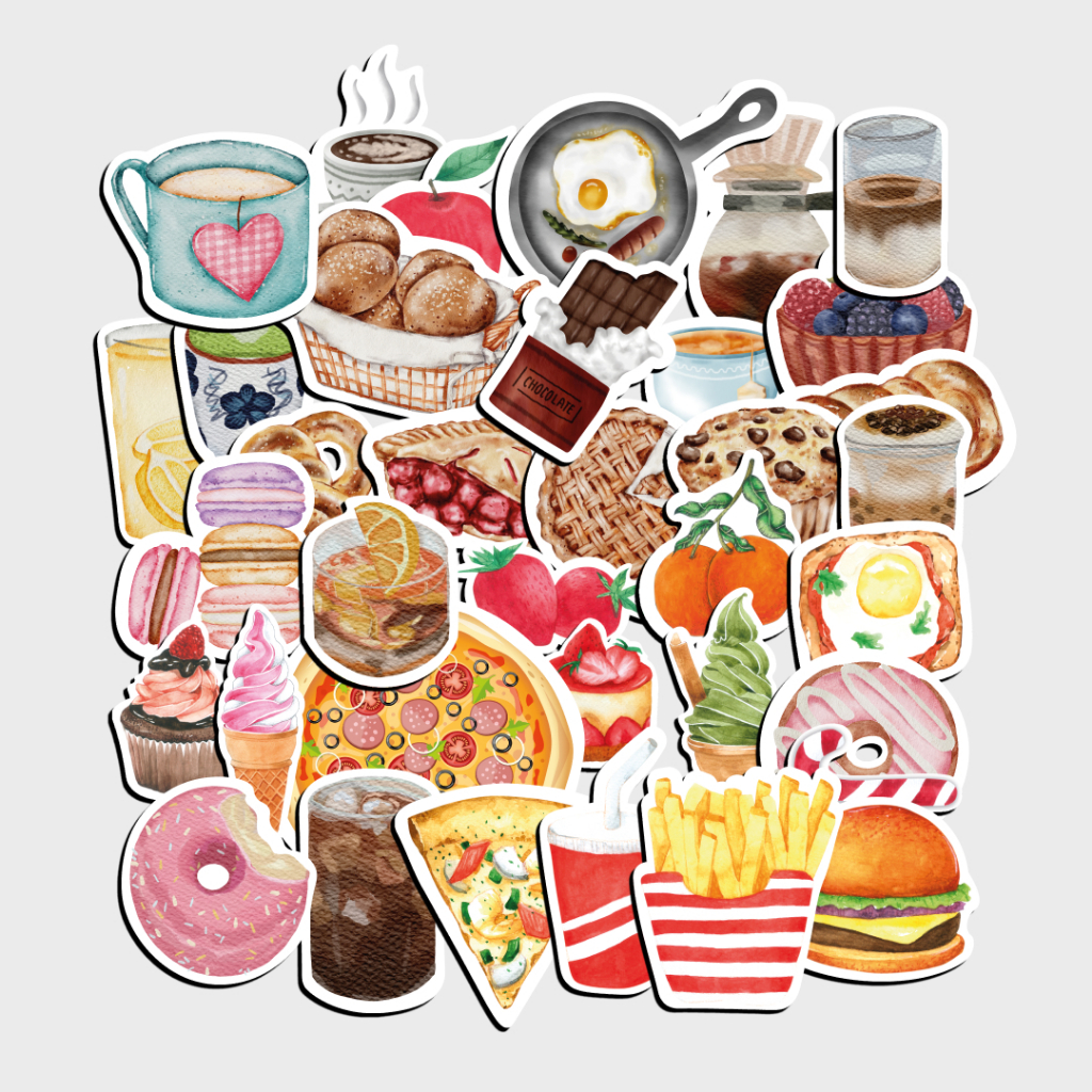 

50 pcs Sticker Food Drink Vintage Aesthetic - Water Resistant Sticker Pack untuk Dekorasi DIY, Laptop, Jurnal, Case HP dan Tab