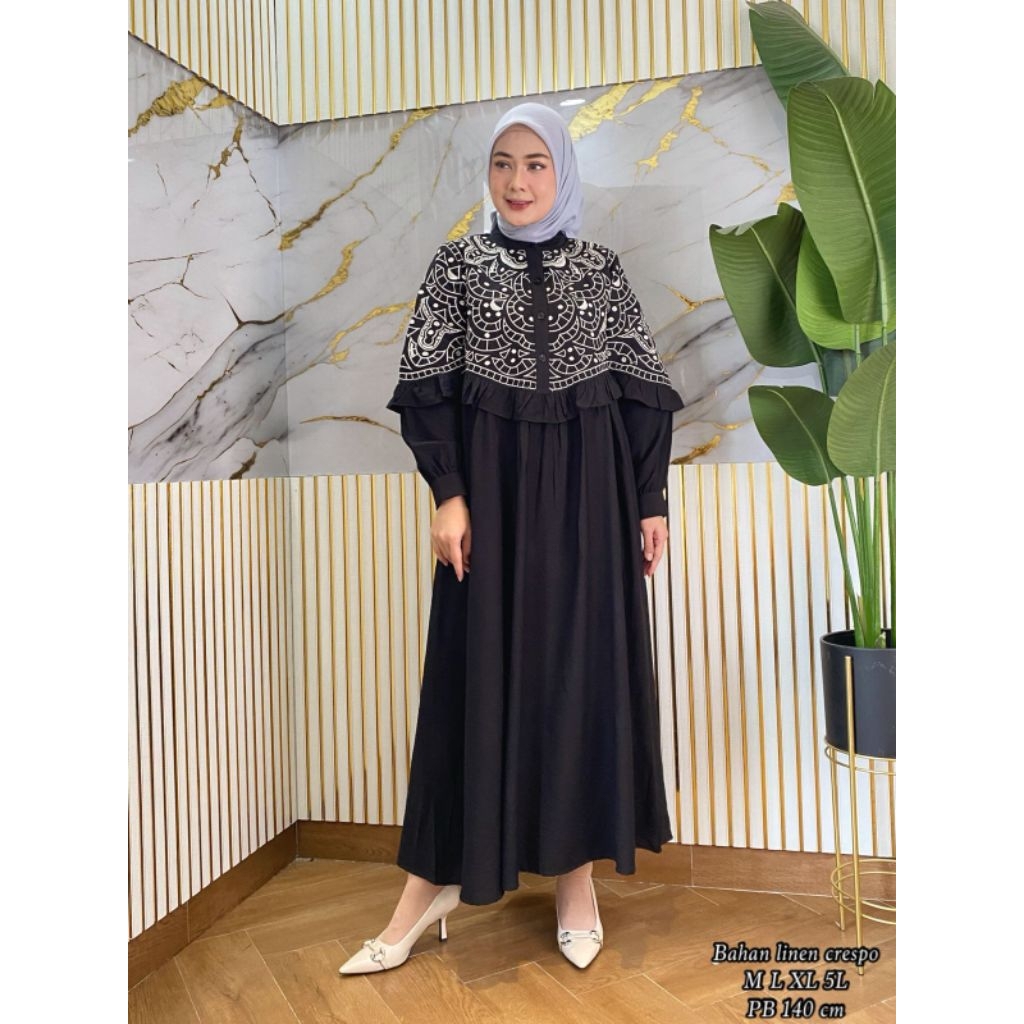 Gamis Bordir Premium Maroon | Gamis Brokat Elegan Hijab Bahan Linen Crespo Adem | Dress Muslimah Sya