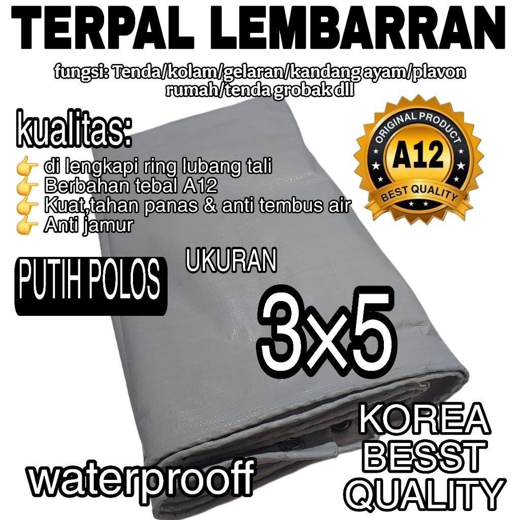 Terpal tenda A12 KOREA ukuran 3×5 warna PUTIH POLOS kualitas WATERPROFF,KUAT,TEBAL,TAHAN PANAS