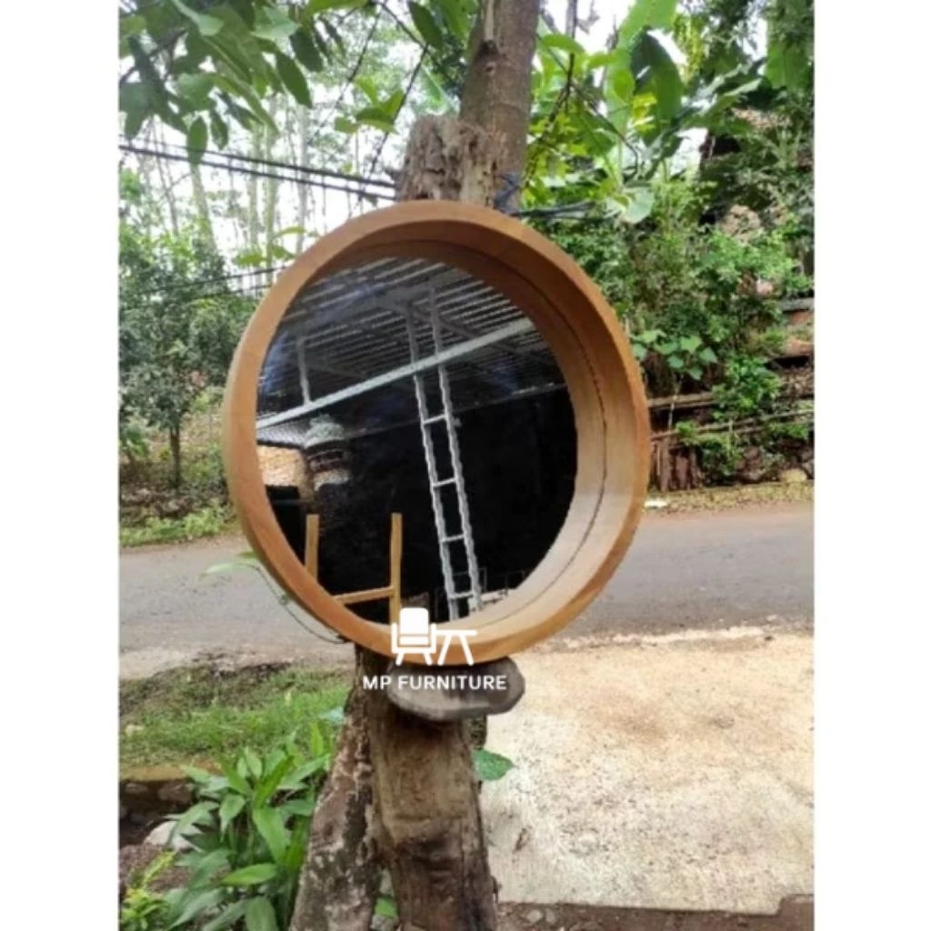 cermin bundar minimalis kayu jati, cermin minimalis