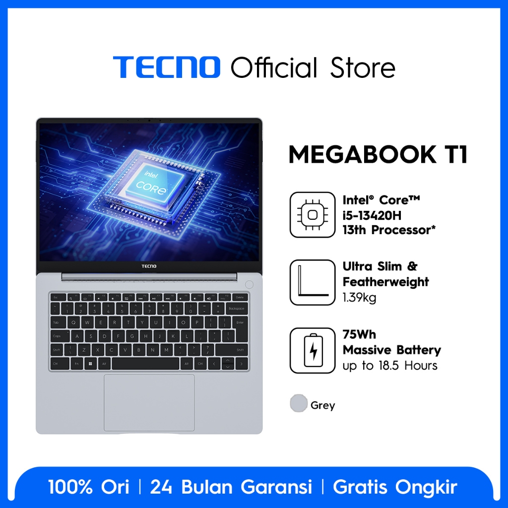 TECNO MEGABOOK T1 14 13th - 16GB+512GB, Intel Core i5-13420H, 100%SRGB Display, 75Wh Battery, 65W Ty