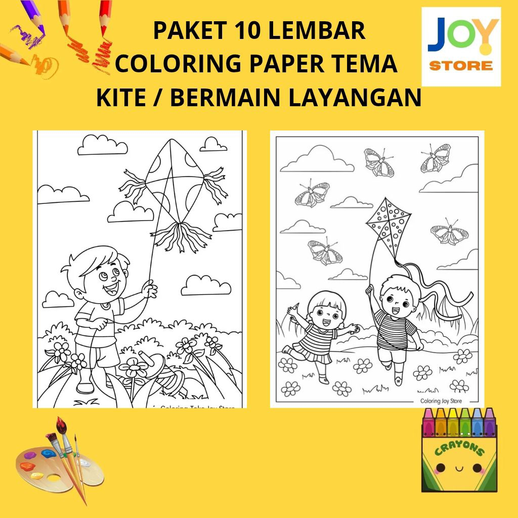 PAKET 10 Lembar Kertas Gambar Mewarnai Tema Kite / Bermain Layang-Layang / Layangan / Hobi Layangan 