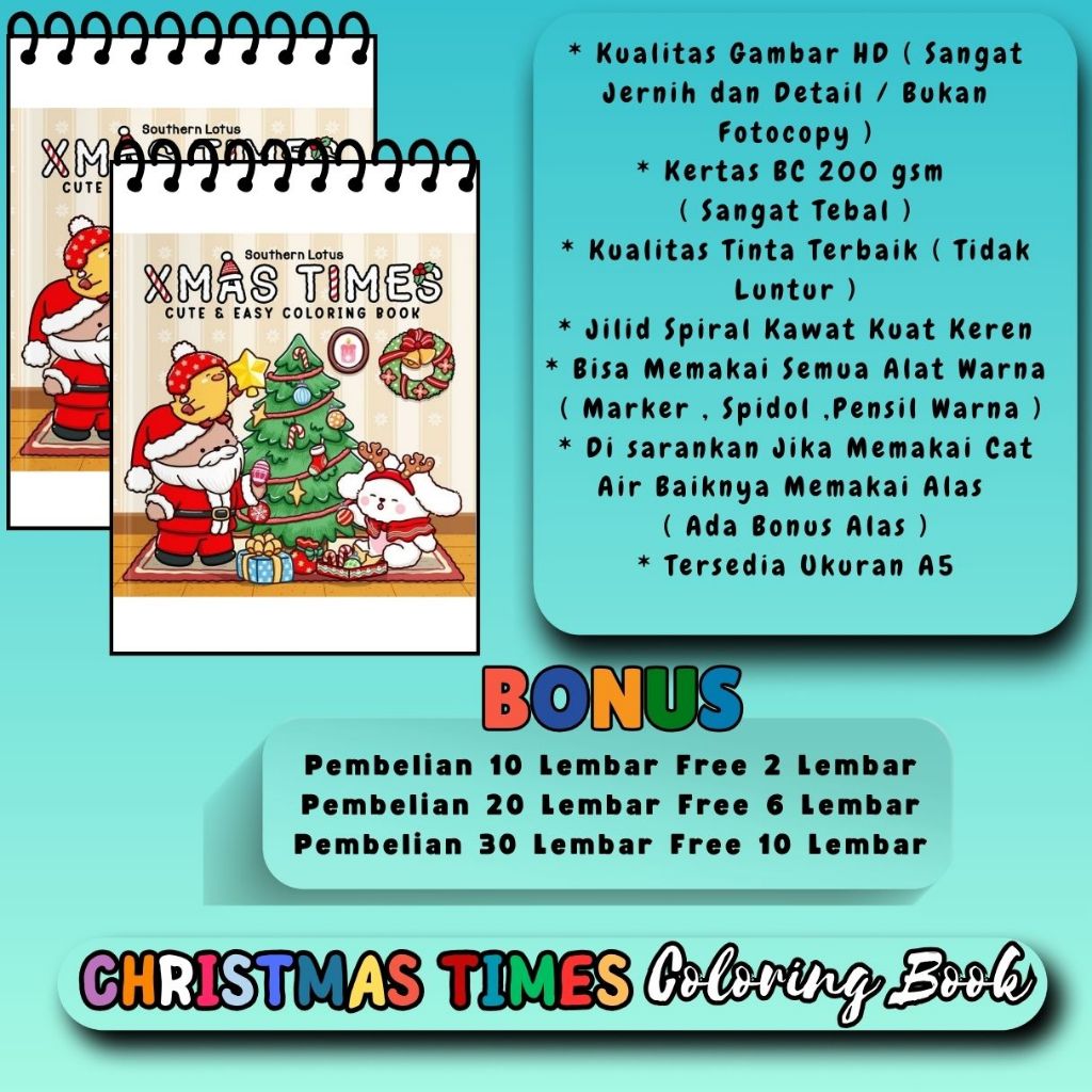 

XMAS TIMES Coloring Book Santa Claus & Friends Gambar HD Buku Mewarnai Keren Bagus Kertas Super Tebal 200 gsm Spiral Kawat Tebal