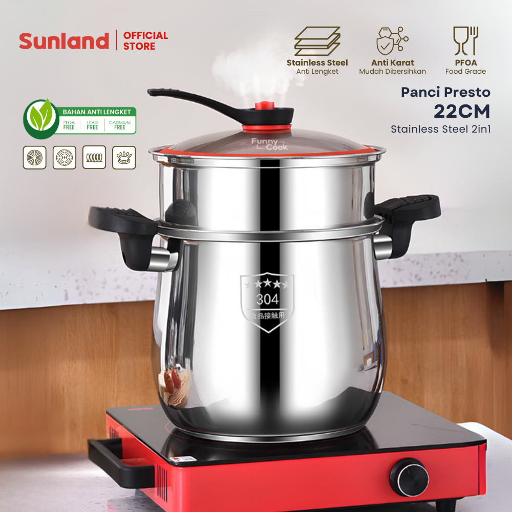 SUNLAND Panci Presto 4L Stainless SUS304 Pressure Cooker Premium Anti Lengket Panci Rebus Daging